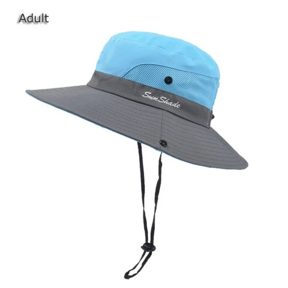 SUNSHADE Blue Wide Rimmed Hat with Featured Ponytail Hole in Back / Women OSFA